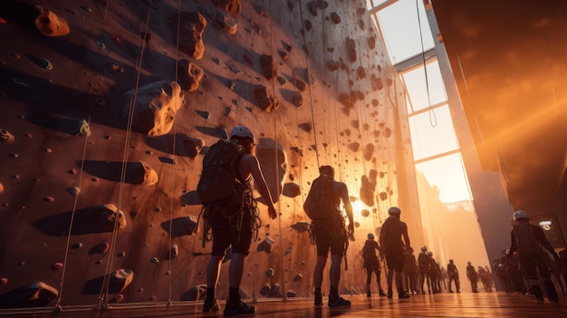 Un grupo de amigos que practican escalada en roca en un gimnasio cubierto involucra a personas que se reúnen para