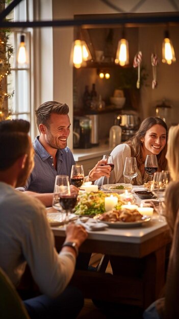 Foto grupo de amigos que tienen una cena en casa