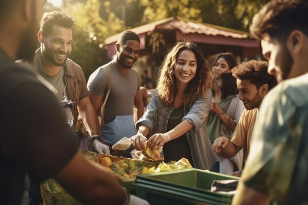 Foto grupo de amigos que trabajan como voluntarios en un centro local de generative ai