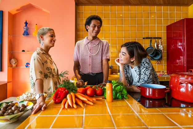 Grupo de amigos que se unen en casa LGBTQ y conceptos de diversidad