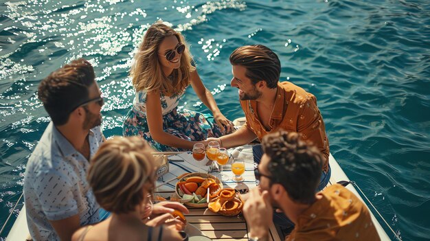 Foto un grupo de amigos relajándose en un barco todos están sonriendo y riendo y disfrutando del sol.