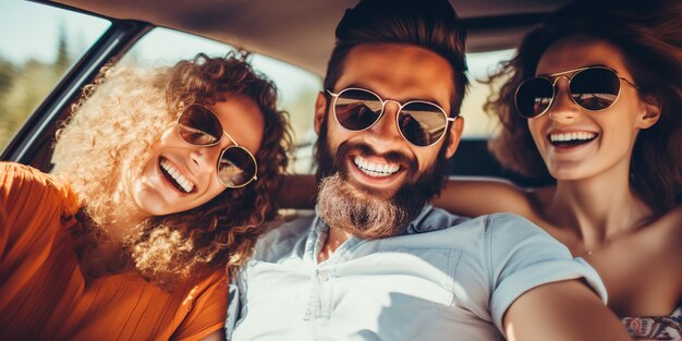 Grupo de Amigos relajándose en el coche durante el viaje por carretera