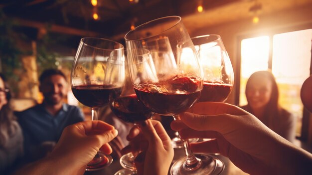 Un grupo de amigos se reúnen para degustar vino en la belleza del viñedo del campo.