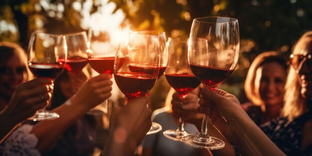 Foto un grupo de amigos se reúnen para degustar vino en la belleza del viñedo del campo.