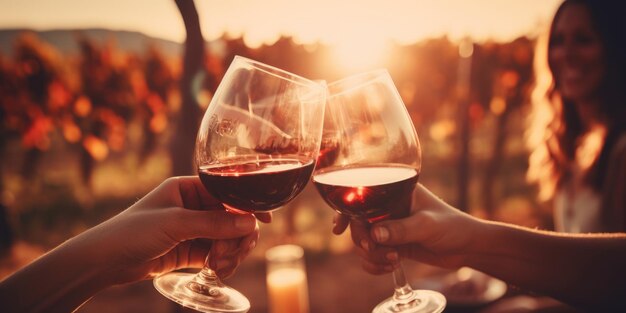 Un grupo de amigos se reúnen para degustar vino en la belleza del viñedo del campo.