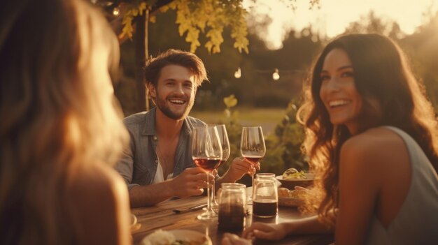 Foto un grupo de amigos se reúnen para degustar vino en la belleza del viñedo del campo.