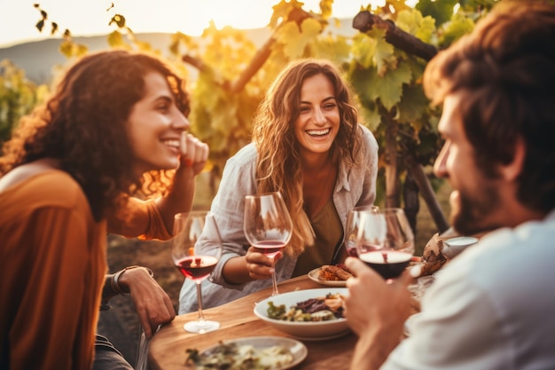 Un grupo de amigos se reúnen para degustar vino en un viñedo de campo en la temporada de cosecha de verano animando y brindando con amistad