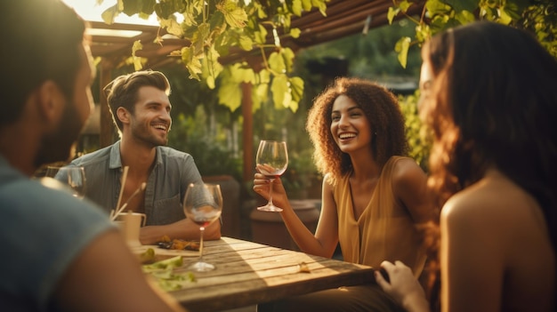 Un grupo de amigos se reúnen para degustar vino en un viñedo de campo en la temporada de cosecha de verano animando y brindando con amistad