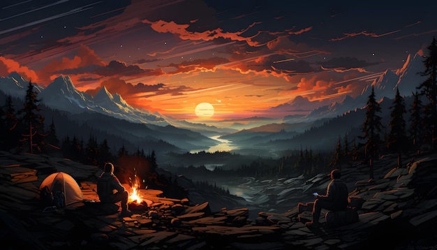 grupo de amigos reunidos alrededor de una fogata de montaña con el cielo nocturno estrellado