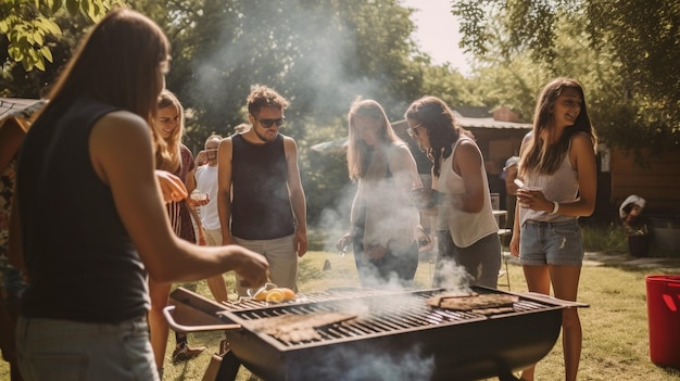 Un grupo de amigos reunidos en torno a una barbacoa para relajarse en un día de verano mientras disfrutan del sol IA generativa