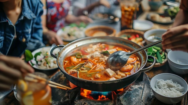 Un grupo de amigos se reunieron alrededor de una olla hirviendo de sopa Tom Yum Goong disfrutando de una experiencia de cena comunal llena de risas y calidez
