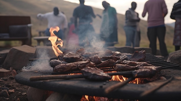 Un grupo de amigos se reunió alrededor de una hoguera para cocinar deliciosos platos de barbacoa y aprovechar la calidez y el compañerismo de un encantador entorno de IA generativa al aire libre.