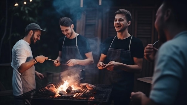 Un grupo de amigos se reunió alrededor de una hoguera para cocinar deliciosos platos de barbacoa y aprovechar la calidez y el compañerismo de un encantador entorno de IA generativa al aire libre.