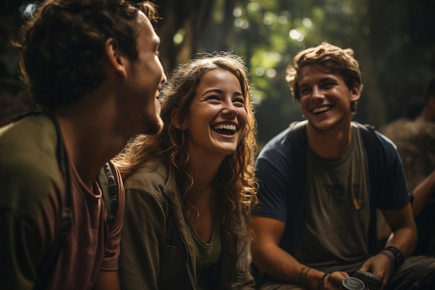 Un grupo de amigos se ríe en una excursión a través de IA generativa