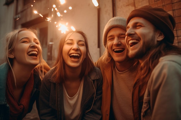 Un grupo de amigos se ríe y se ríe juntos.