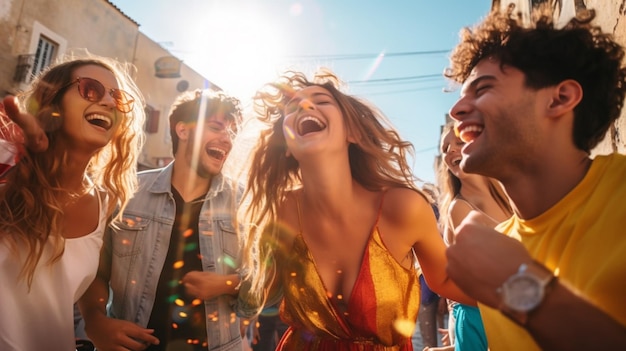 Un grupo de amigos riendo y bailando en la calle imágenes de salud mental ilustración fotorrealista