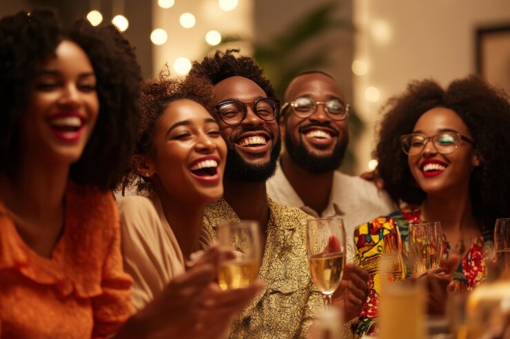 Un grupo de amigos riendo y bebiendo champán en una fiesta.