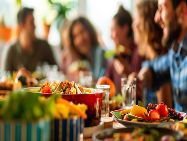 Un grupo de amigos riendo y compartiendo una cena con un fondo borroso de una mesa festiva