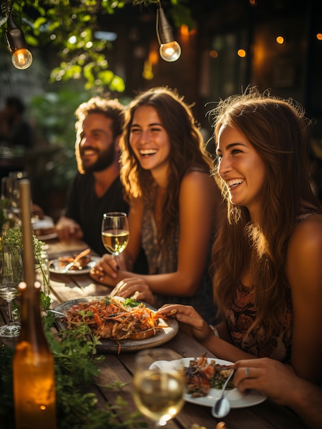 Un grupo de amigos riendo y disfrutando de la cena al aire libre