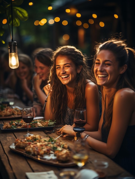 Un grupo de amigos riendo y disfrutando de la cena en un restaurante al aire libre