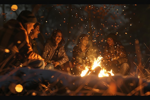 Foto un grupo de amigos riendo durante una hoguera