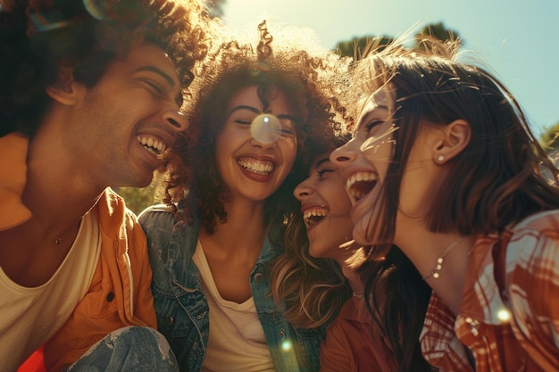 Un grupo de amigos riendo juntos en un día soleado