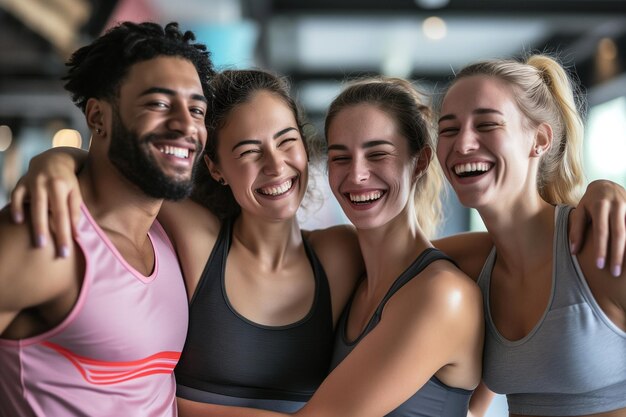 un grupo de amigos riendo y tomando fotos en el gimnasio concepto de amistad de fitness