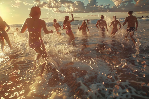 Un grupo de amigos salpicando y jugando en las olas.