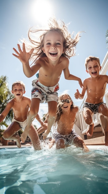 Un grupo de amigos saltando a la piscina captados en el aire