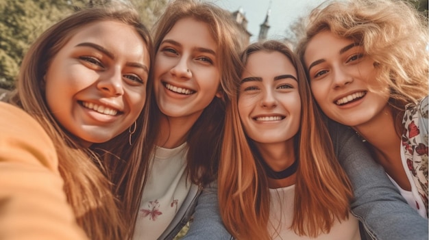Un grupo de amigos satisfechos tomándose una selfie mientras organizan una fiesta al aire libre en un día de primavera La IA generativa