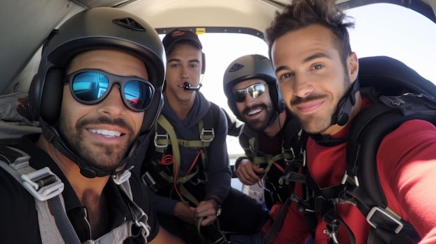 Foto grupo de amigos selfie en plan para paracaidismo aventura divertida de deporte extremo