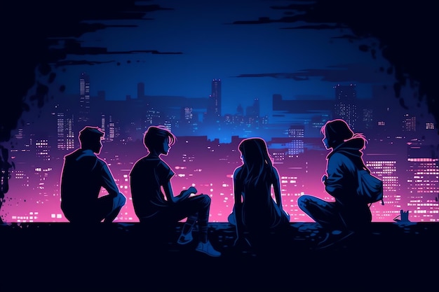 Un grupo de amigos sentados en una azotea por la noche.