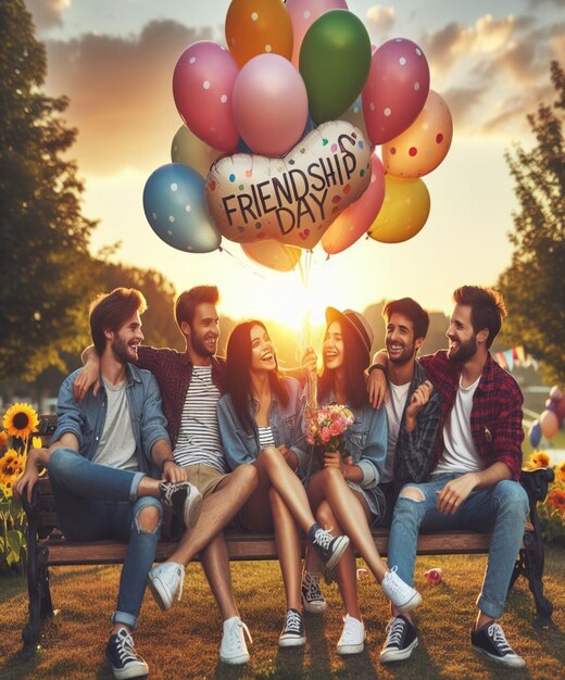 Foto un grupo de amigos sentados en un banco con globos que dicen amistad