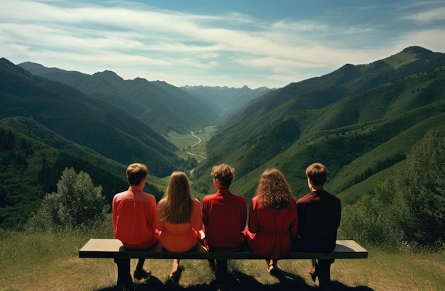 Grupo de amigos sentados en un banco en las montañas y mirando el valle