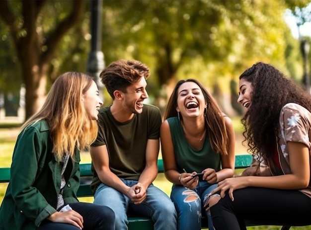 Un grupo de amigos sentados en un banco en el parque riendo y hablando de imágenes de salud mental ilustración fotorrealista