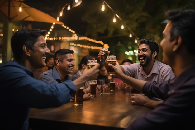 Grupo de amigos sentados en la barra y disfrutando de la fiesta