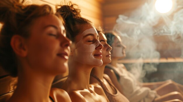 Un grupo de amigos sentados en una sauna todos con máscaras faciales de vapor e inhalando el desintoxicante