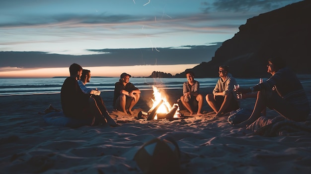 Foto un grupo de amigos se sientan alrededor de una fogata en la playa al anochecer las olas chocan en el fondo y el cielo está en llamas de color