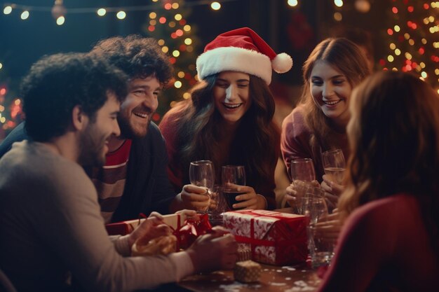 Un grupo de amigos con sombreros de Papá Noel e intercambiando 00588 03