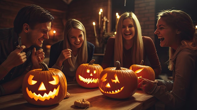 un grupo de amigos sonríe y ríe frente a una calabaza.