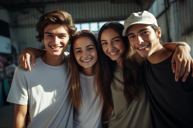 Foto un grupo de amigos sonríe y uno tiene una sonrisa en el rostro.