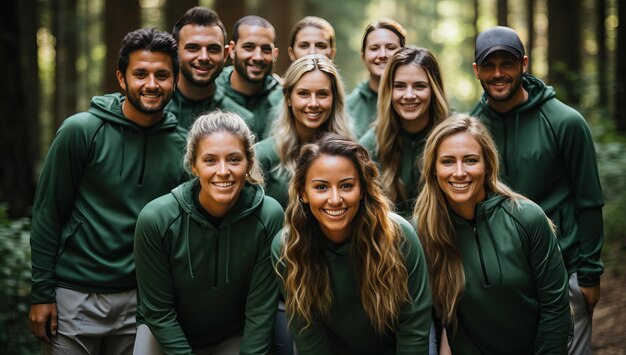 Grupo de amigos sonriendo y mirando a la cámara en el bosque