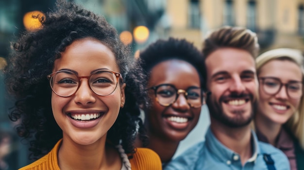 Foto un grupo de amigos sonrientes y diversos disfrutando del tiempo juntos al aire libre en un entorno urbano