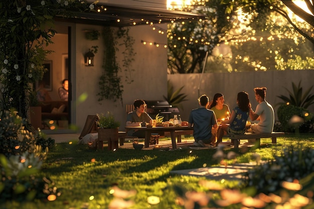 Grupo de amigos teniendo una barbacoa en el patio trasero y jugando