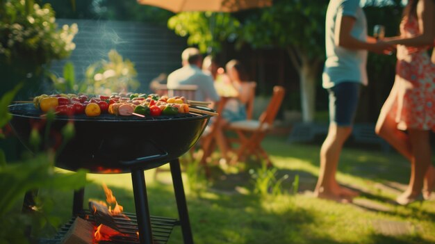 Foto grupo de amigos teniendo una fiesta al aire libre en el jardín y barbacoa jardín parrilla con filetes de carne