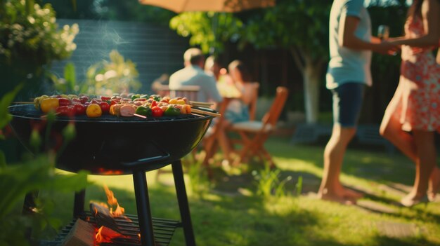 Grupo de amigos teniendo una fiesta al aire libre en el jardín y barbacoa jardín parrilla con filetes de carne