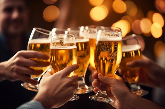 Grupo de amigos tintineando vasos de cerveza en una fiesta con IA generada