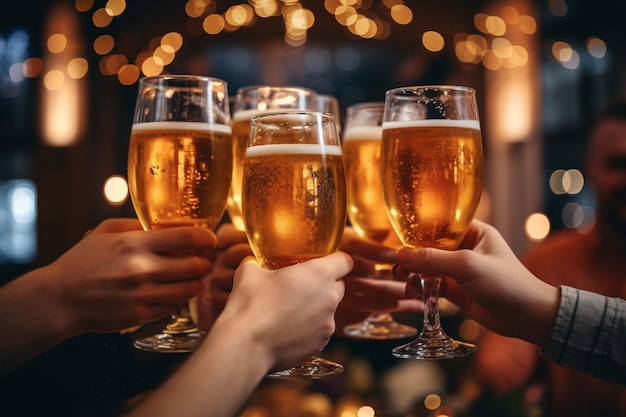 Grupo de amigos tintineando vasos de cerveza en una fiesta con IA generada