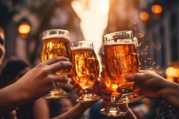 Grupo de amigos tintineando vasos de cerveza en una fiesta con IA generada