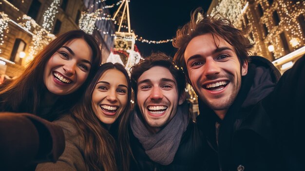 Foto un grupo de amigos tomando selfies en el mercado navideño